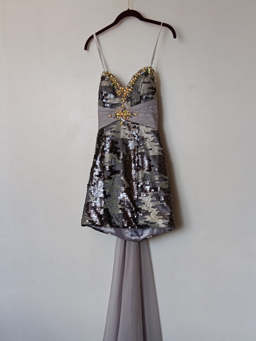 Gray Sequined High-Low Cocktail Dress with Rhinestone Accents in Gold